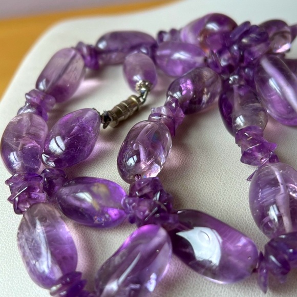 VINTAGE LARGE NATURAL AMETHYST BEADS LONG NECKLACE STATEMENT VERSATILE